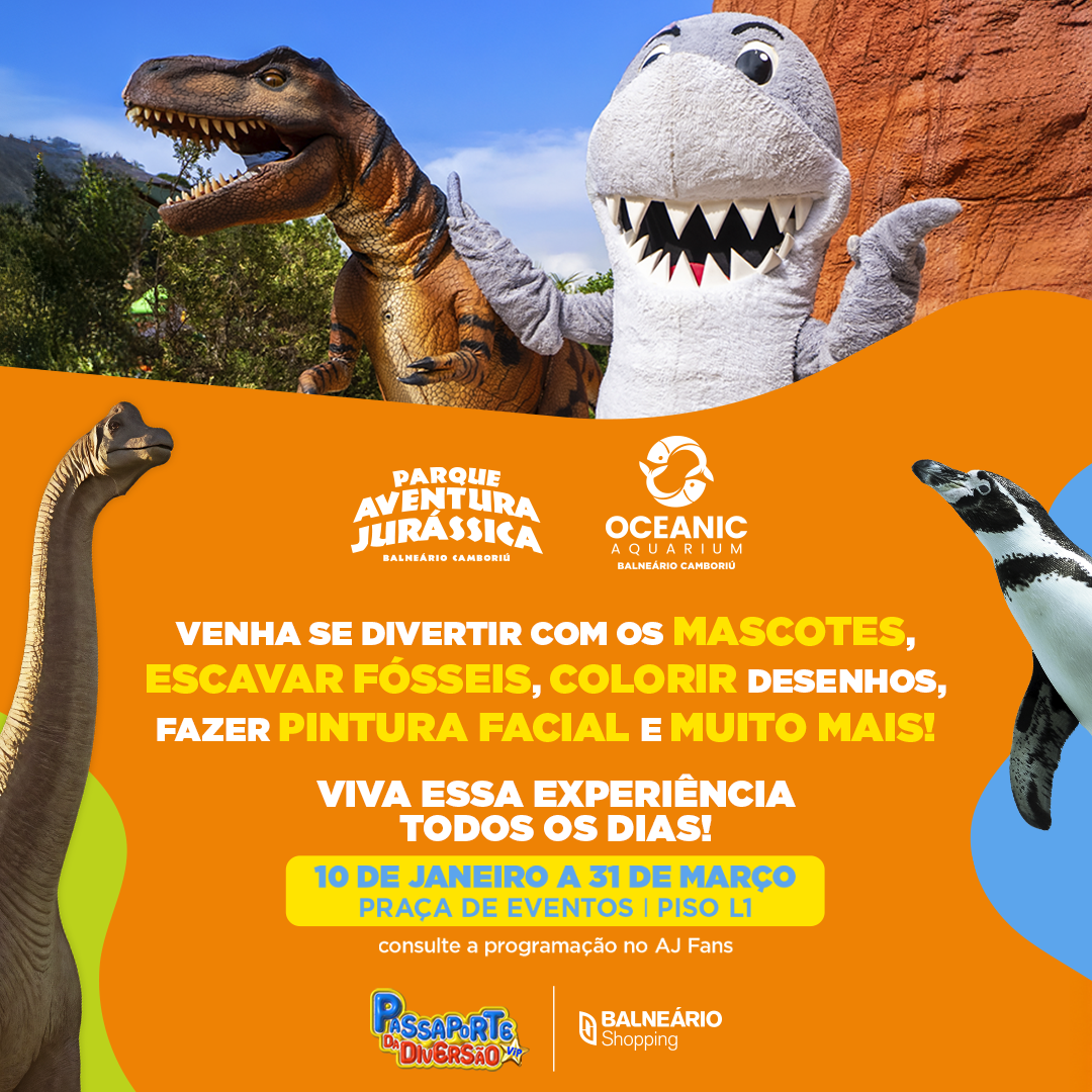 Os dinossauros do Parque Aventura Jurássica invadem as férias divertidas do Balneário Shopping